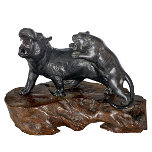Large 19th Century Japanese Meiji Period Bronze Tiger Attacking a Hippo