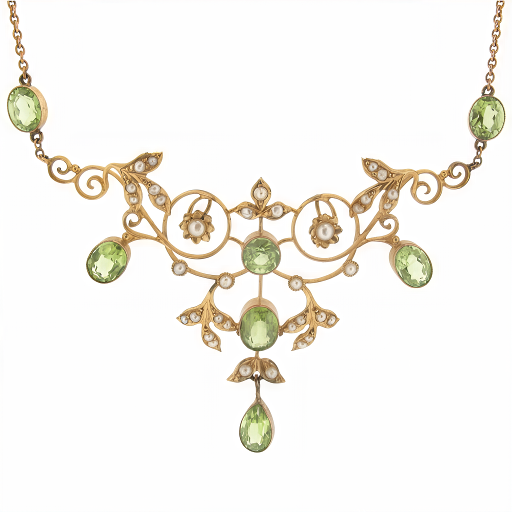 Art Nouveau 15ct Yellow Gold Peridot And Seed Pearl Necklace ...
