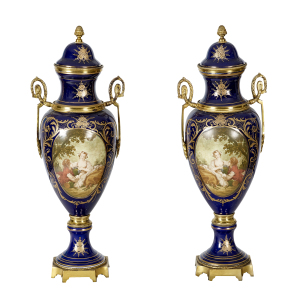 Pair of Sèvres Vases with Bronze Mounts and Handled Sides