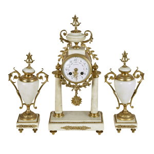 French Louis XVI Style White Marble and Gilt Metal Mounted Clock Set