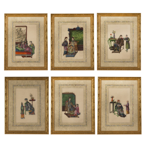 Set of Six Chinese Canton Watercolours on Pith Paper Depicting Interior Scenes