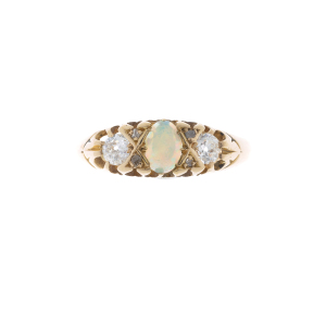 18ct Yellow Gold Opal & Diamond Three Stone Ring